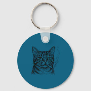 Chill cat smoking sketch art feline lover design key ring