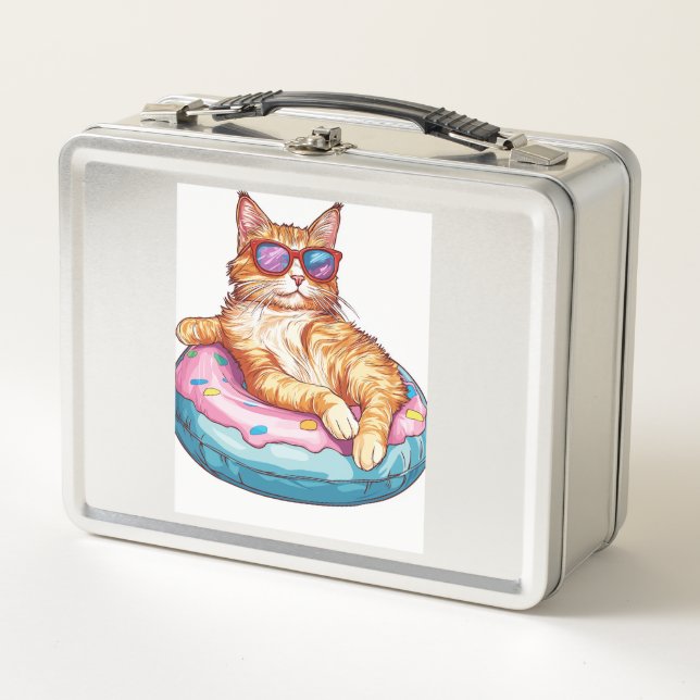 Chill Cat Summer Vibes � Poolside Funny Kitty Metal Lunch Box (Front)