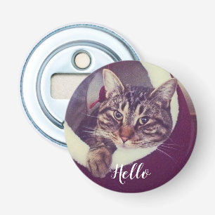 Chill Grey Tabby Cat Says Hello Custom Photo Bottle Opener