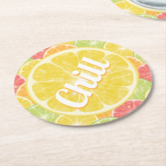 Chill Lemon Citrus Slices Round Paper Coaster (Angled)