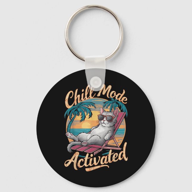Chill Mode Activated Cat With Gles On Beach  Key Ring (Front)