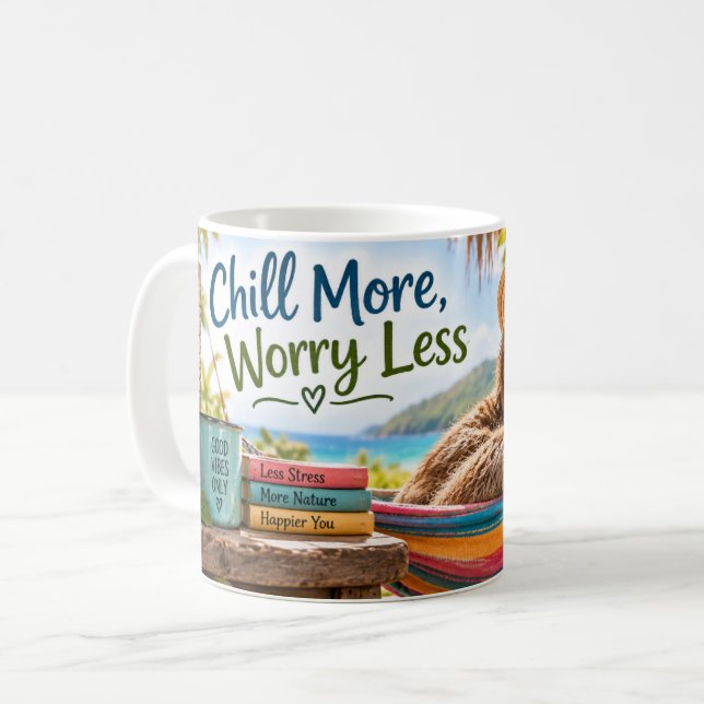 Chill More Worry Less Sloth Coffee Mug (Front Left)