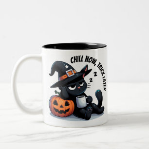 Chill Now - Trick Later Cat & Pumpkin Halloween Two-Tone Coffee Mug
