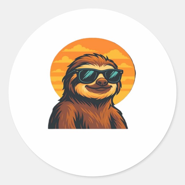 Chill Sloth with Sunglasses - Retro Sunset Vibes C Classic Round Sticker (Front)