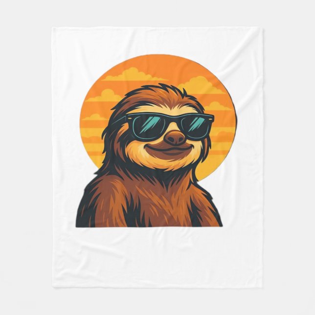 Chill Sloth with Sunglasses - Retro Sunset Vibes C Fleece Blanket (Front)