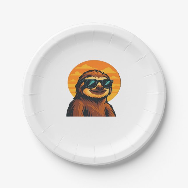 Chill Sloth with Sunglasses - Retro Sunset Vibes C Paper Plate (Front)