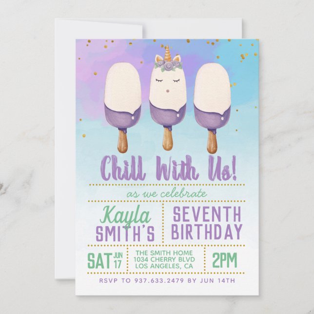 Chill With Us Unicorn Popsicle Birthday Invitation (Front)