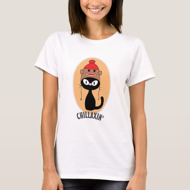 CHILLAXIN' Black Cartoon Cat With Sock Monkey Hat T-Shirt (Front)