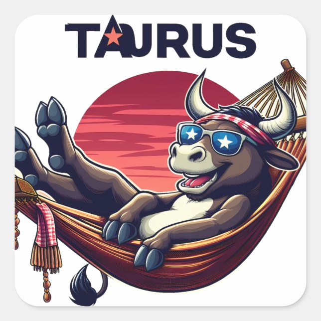 Chillaxing Patriotic Taurus Bull in Hammock Design Square Sticker (Front)