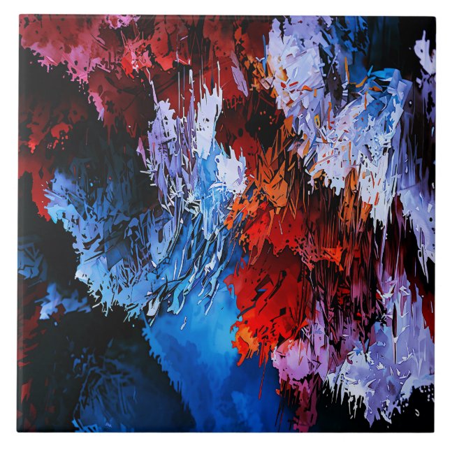 Chilled Inferno Blue Red Contemporary Abstract Art Ceramic Tile (Front)