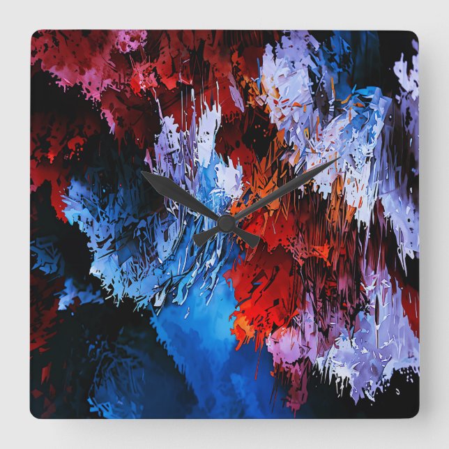 Chilled Inferno Blue Red Contemporary Abstract Art Square Wall Clock (Front)