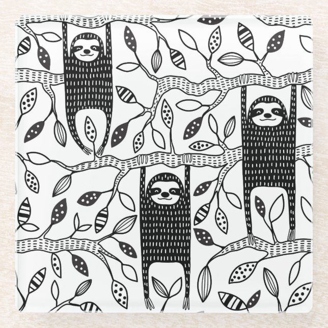 Chilled Sloths: Cute Animal Pattern. Glass Coaster (Front)