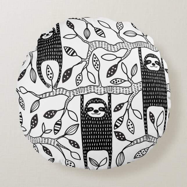 Chilled Sloths: Cute Animal Pattern. Round Cushion (Front)