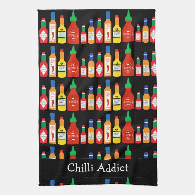 Chilli Addict Chilli Bottles Patterned Tea Towel (Vertical)