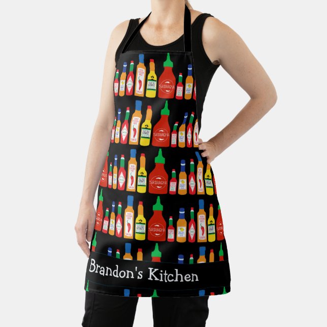 Chilli Lover Chilli Bottles Patterned Apron (Insitu)