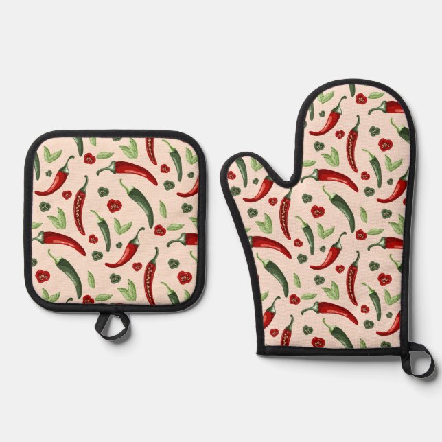 Chilli pattern | Oven mitt & Pot Holder Set (Front)