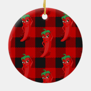 Chilli Pepper Buffalo Plaid Pattern Black and Red  Ceramic Ornament