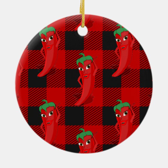 Chilli Pepper Buffalo Plaid Pattern Black and Red  Ceramic Ornament (Back)