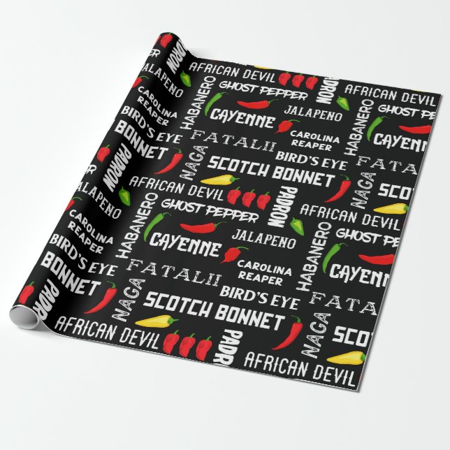 Chilli Pepper Names Pattern | Jamaican Cooking Wrapping Paper (Unrolled)
