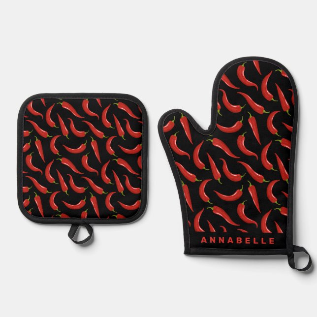 Chilli Pepper Personalise Apron Oven Mitt & Pot Holder Set (Front)