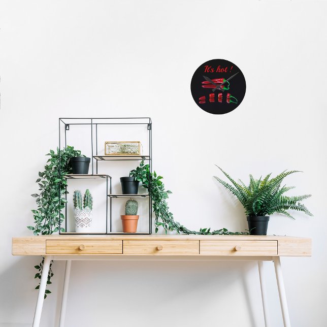 Chilli pepper red and black with customisable text round clock (Creator Uploaded)