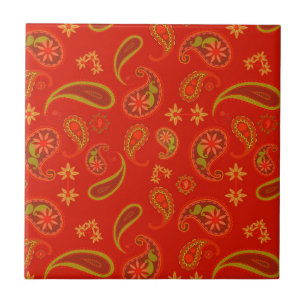 Chilli Pepper Red and Lime Green Paisley Pattern Ceramic Tile
