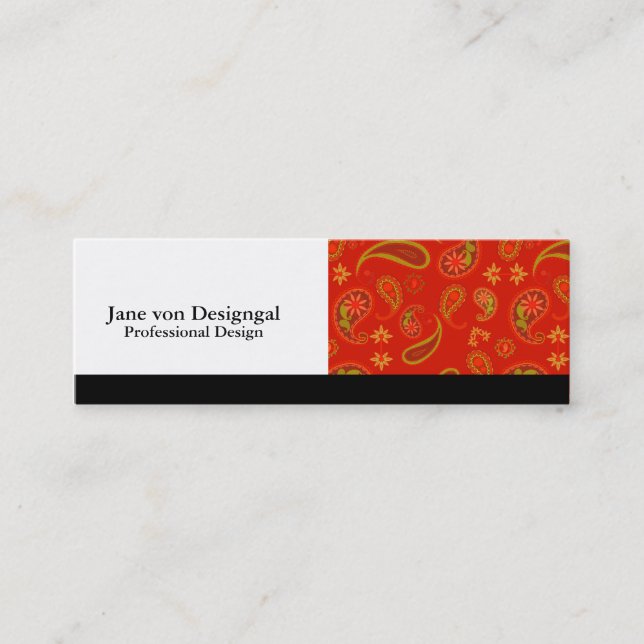 Chilli Pepper Red and Lime Green Paisley Pattern Mini Business Card (Front)