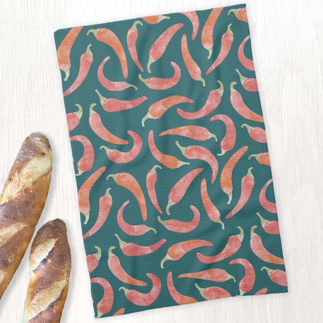 Chilli Pepper Red Teal Green Watercolor Art Tea Towel (Chili pepper watercolor kitchen towel)