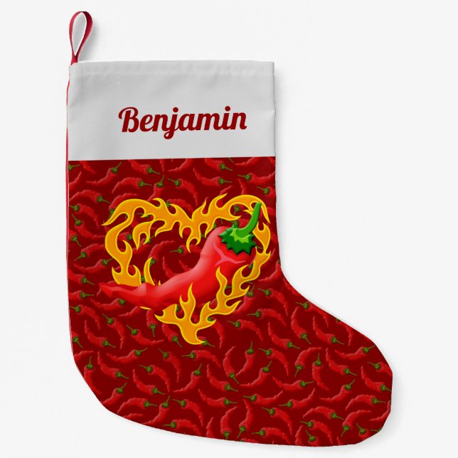 Chilli Pepper with Flame Heart on Red Background Small Christmas Stocking (Front)