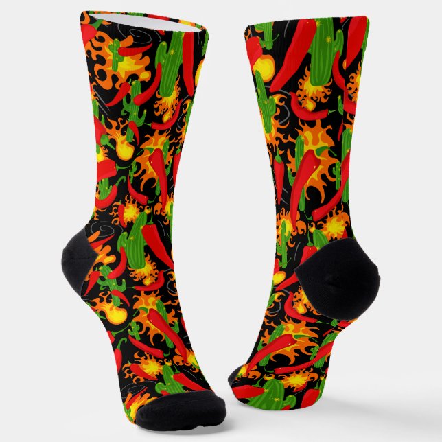 Chilli Peppers Flames and Cactus Plants Pattern Socks (Angled)
