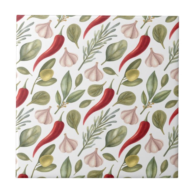 Chilli Peppers, Garlic, Olives and Herbs  Ceramic Tile (Front)