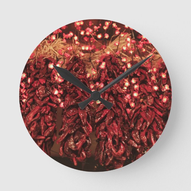 Chilli ristras with holiday lights round clock (Front)