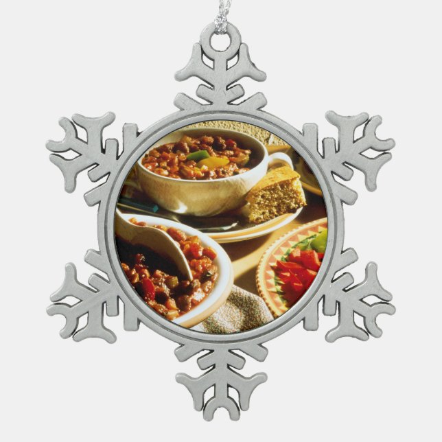 Chilli with Cornbread Snowflake Pewter Christmas Ornament (Front)