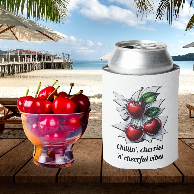 Chillin', Cherries 'n' Cheerful Vibes Stylish Red Can Cooler (A can cooler for your refreshing drinks, with caption 'Chillin', cherries 'n' cheerful vibes')