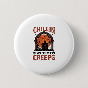 Chillin Creeps Halloween Haunted House Orange Moon 6 Cm Round Badge