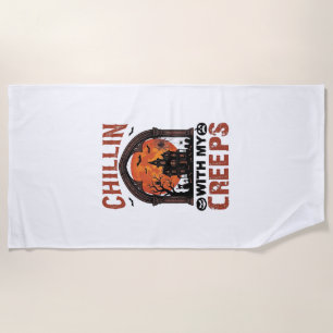 Chillin Creeps Halloween Haunted House Orange Moon Beach Towel