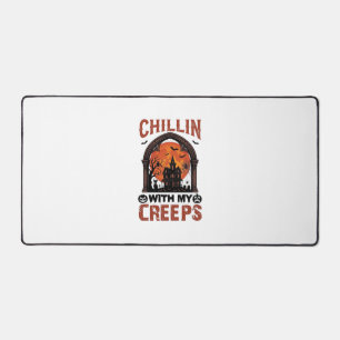 Chillin Creeps Halloween Haunted House Orange Moon Desk Mat