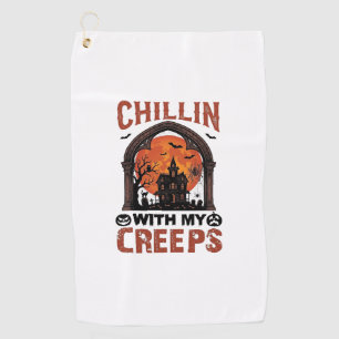 Chillin Creeps Halloween Haunted House Orange Moon Golf Towel