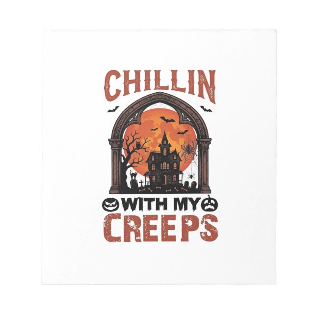 Chillin Creeps Halloween Haunted House Orange Moon Notepad (Front)