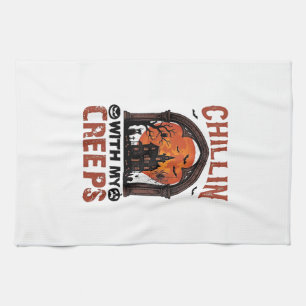 Chillin Creeps Halloween Haunted House Orange Moon Tea Towel
