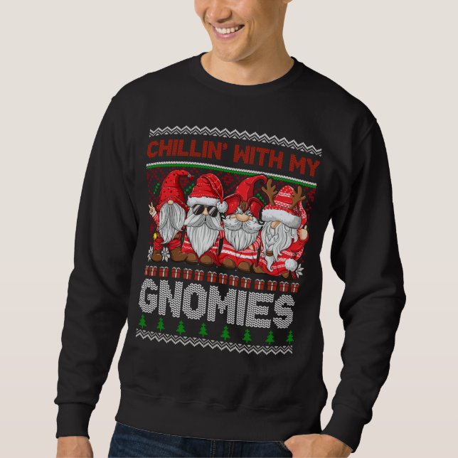 Chillin With My Gnomies Ugly Gnome Red Christmas Sweatshirt (Front)
