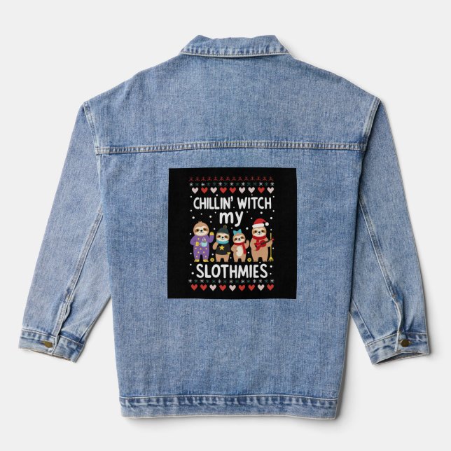 Chillin With My Slothmies Funny Sloth Ugly Christm Denim Jacket (Back)
