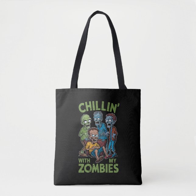 Chillin With My Zombies Halloween Boys Kids Funny Tote Bag (Front)