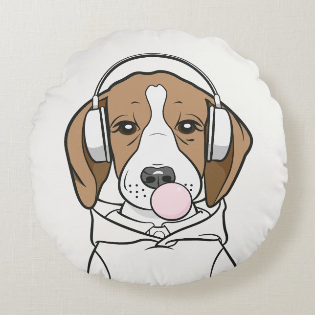 Chilling Beagle with Bubblegum Cute Funny Dog Round Cushion (Front)