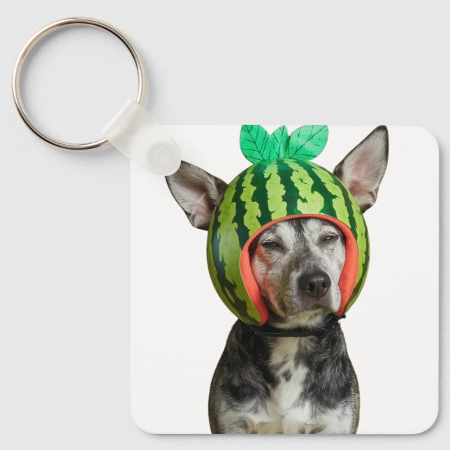 Chilling Dog With Watermelon Helmet  Key Ring (Front)