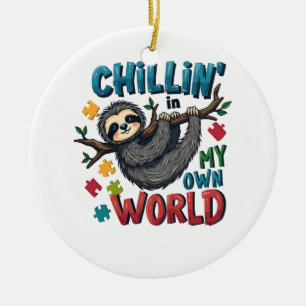 Chilling in My World Sloth Autism Awareness Ceramic Ornament