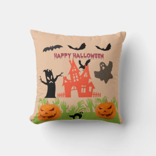 Chilling Orange Haunted House, Ghost, Bats Pumpkin Cushion