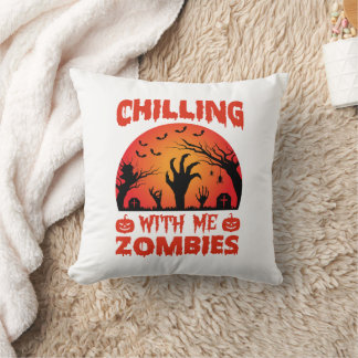 Chilling With Me Zombies Retro Halloween Cushion