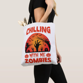 Chilling With Me Zombies Retro Halloween Tote Bag