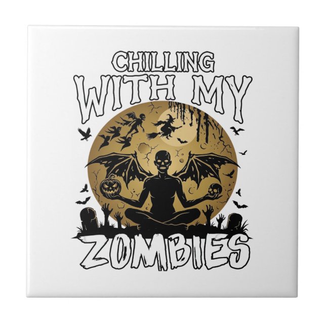 Chilling Zombies Halloween Winged Demon Moon Grave Ceramic Tile (Front)